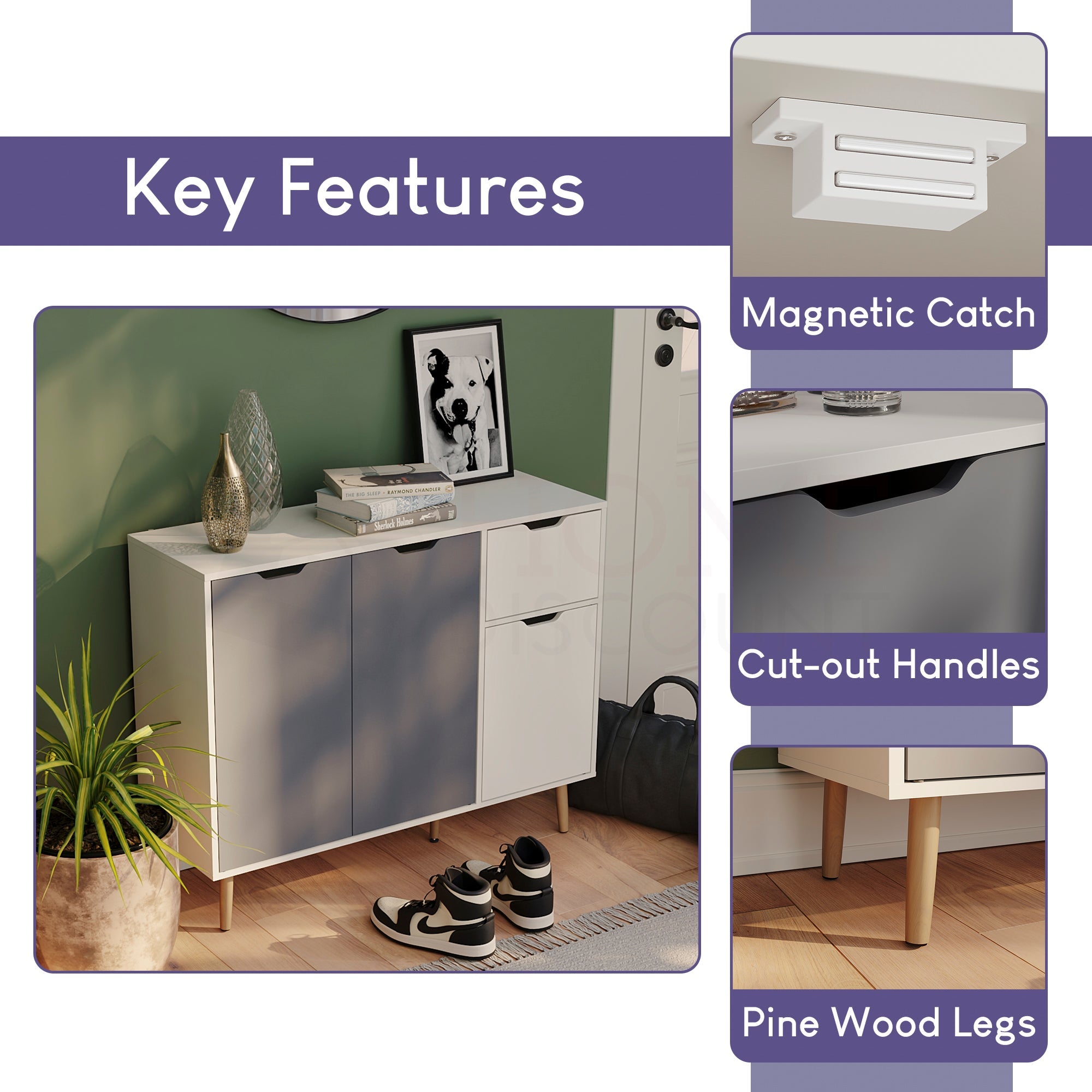 3 Door 1 Drawer Sideboard, Grey & White