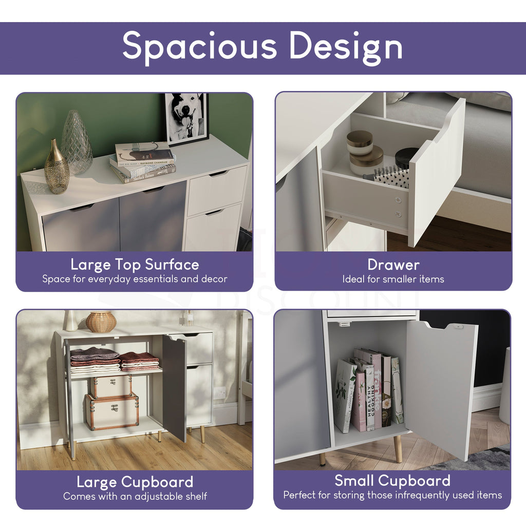 3 Door 1 Drawer Sideboard, Grey & White