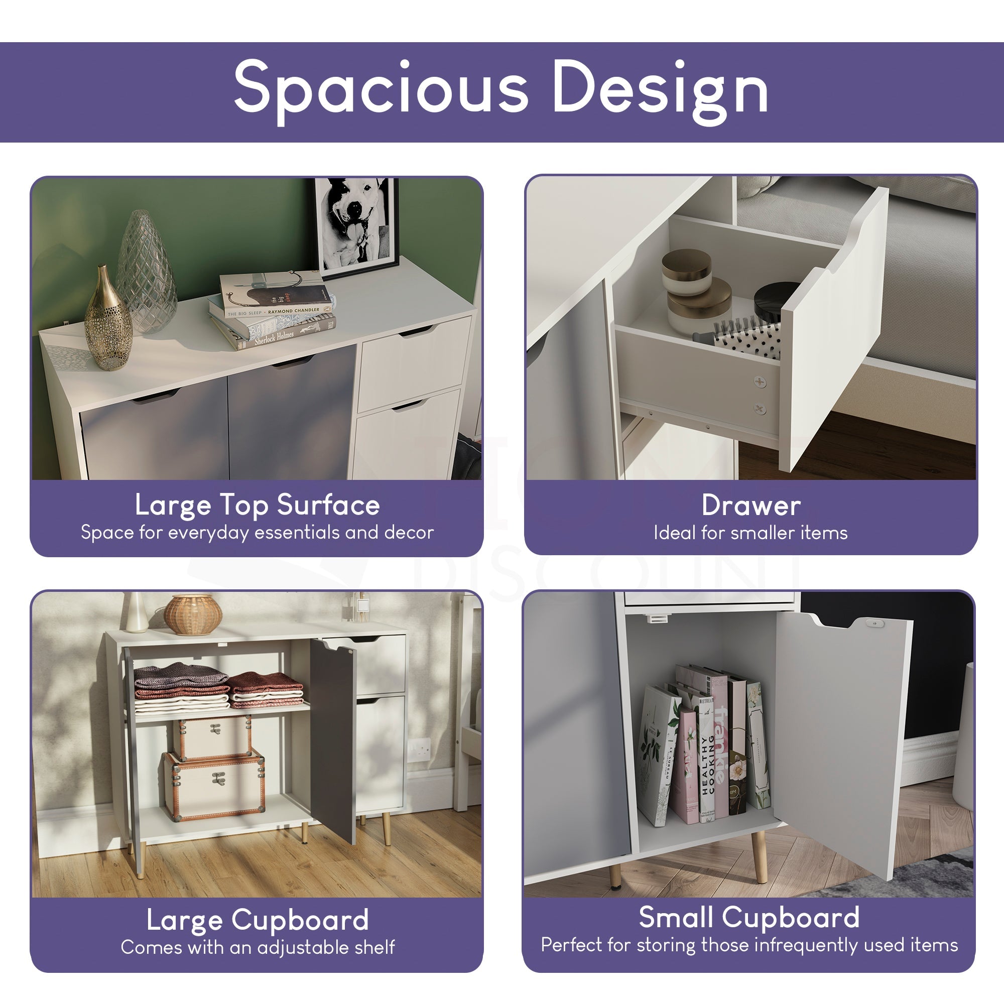 3 Door 1 Drawer Sideboard, Grey & White