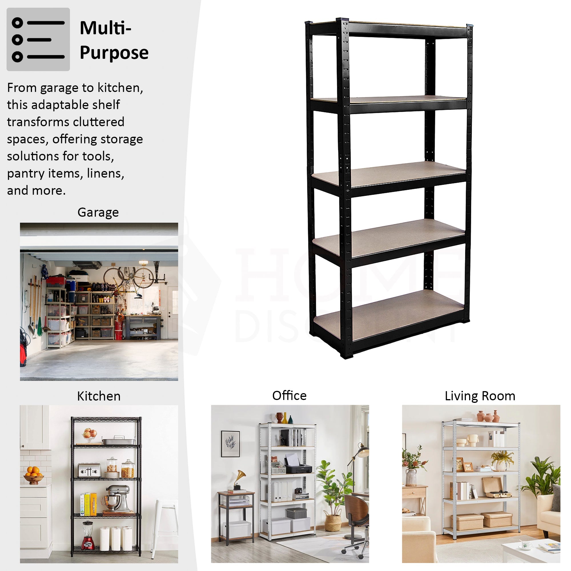 5-Tier Shelf, Large, Black - 3 Bay