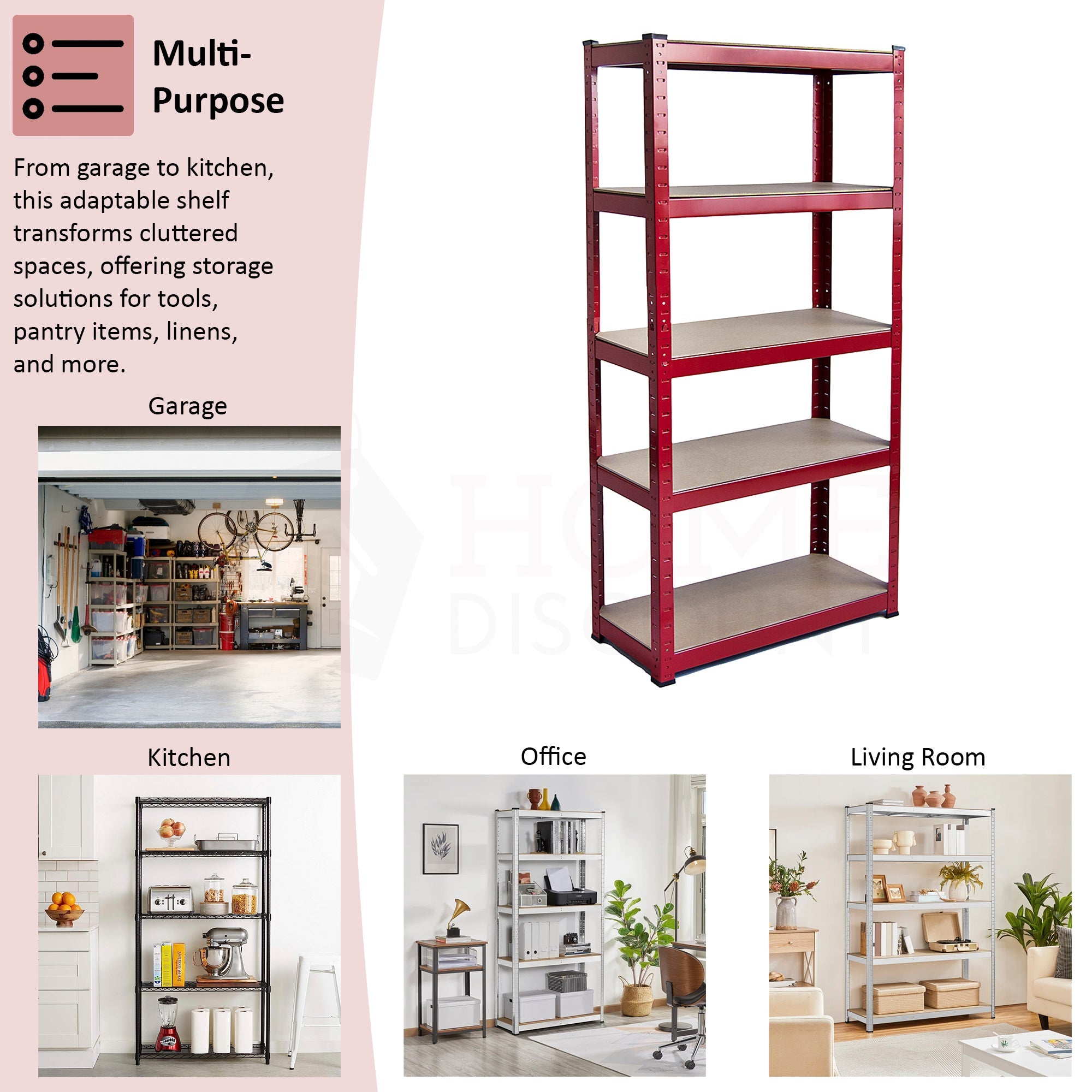 5-Tier Shelf, Large, Red - 4 Bay