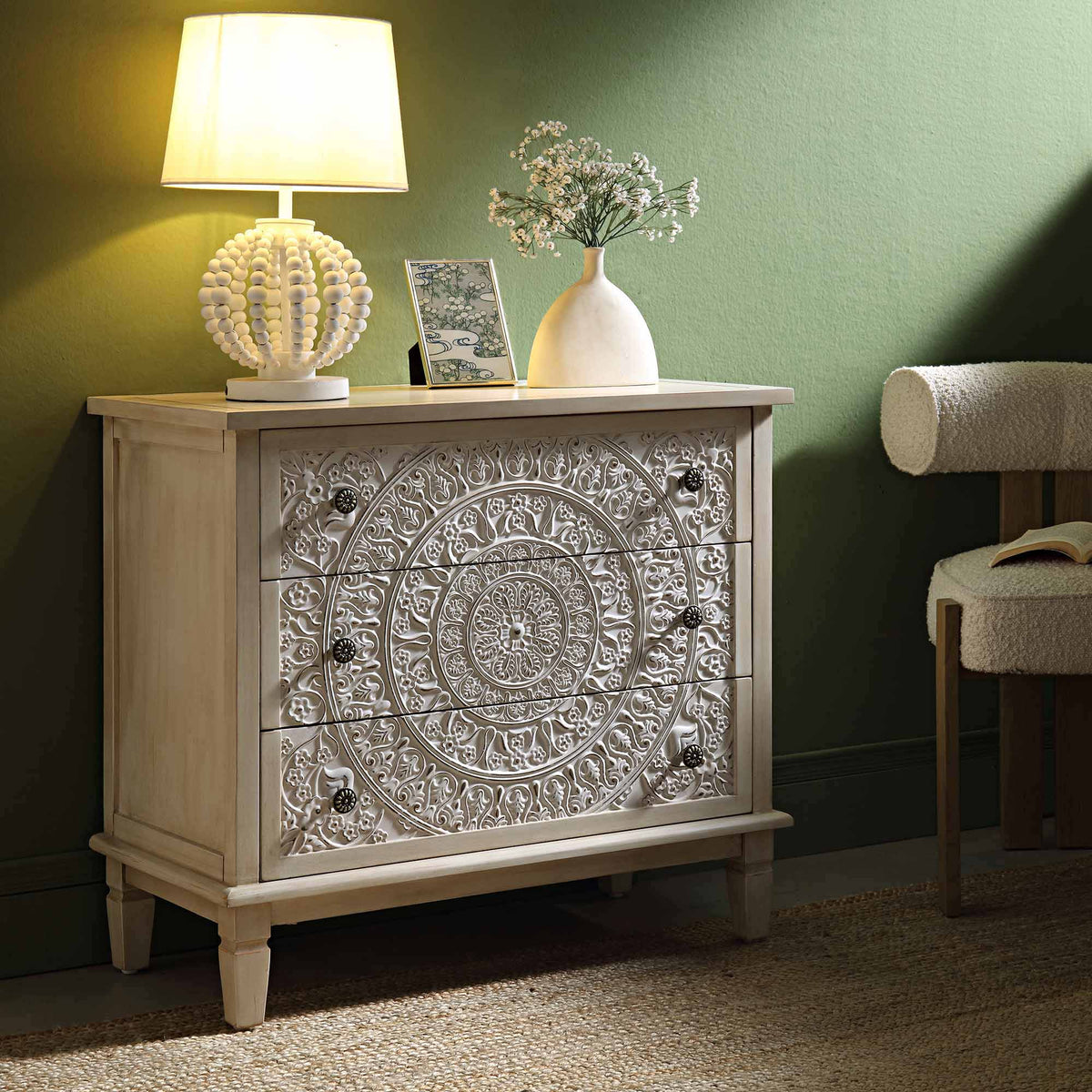 Chantilly Whitewashed Carved 3 Drawer Chest