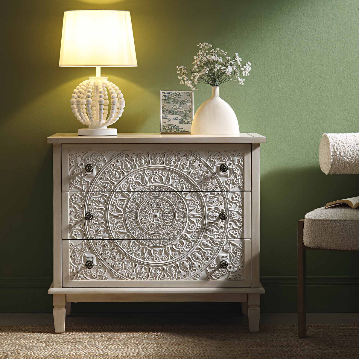 Chantilly Whitewashed Carved 3 Drawer Chest