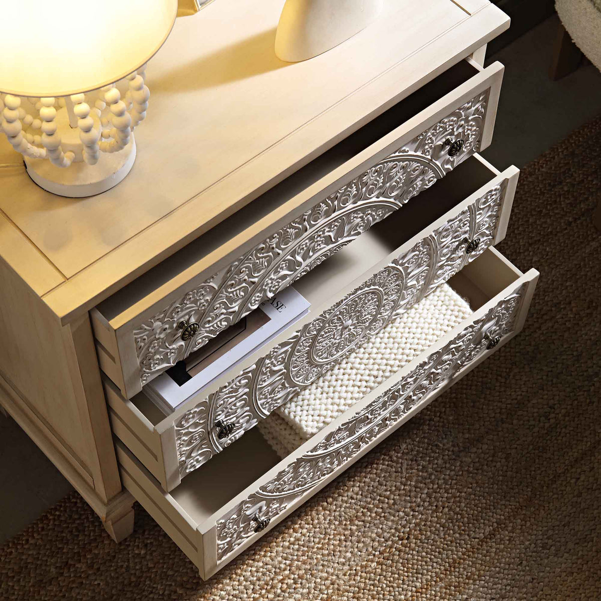 Chantilly Whitewashed Carved 3 Drawer Chest