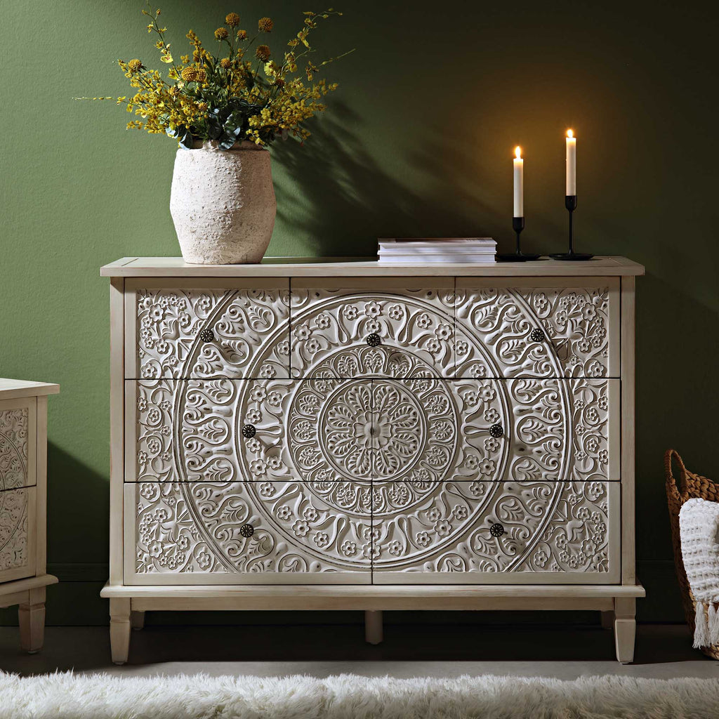 Chantilly Whitewashed Carved 3 over 4 Drawer Chest
