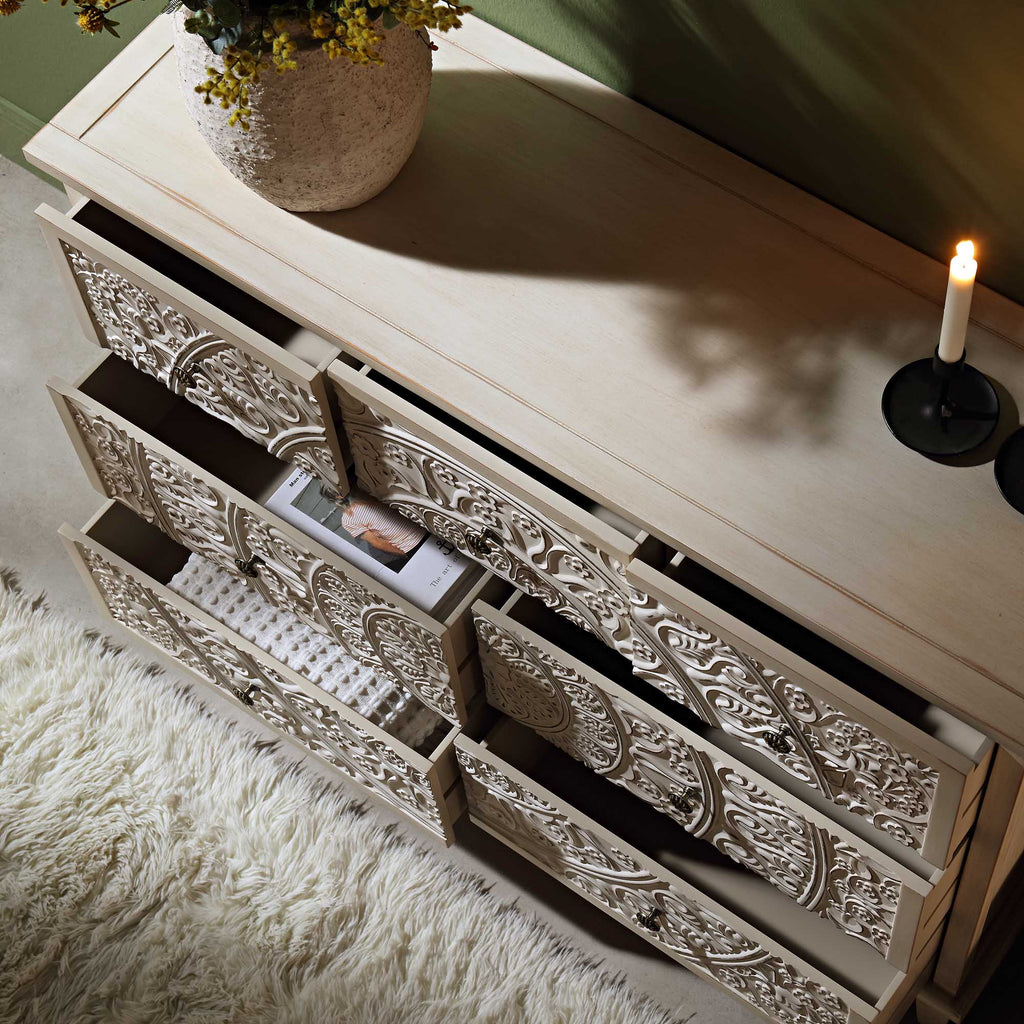 Chantilly Whitewashed Carved 3 over 4 Drawer Chest