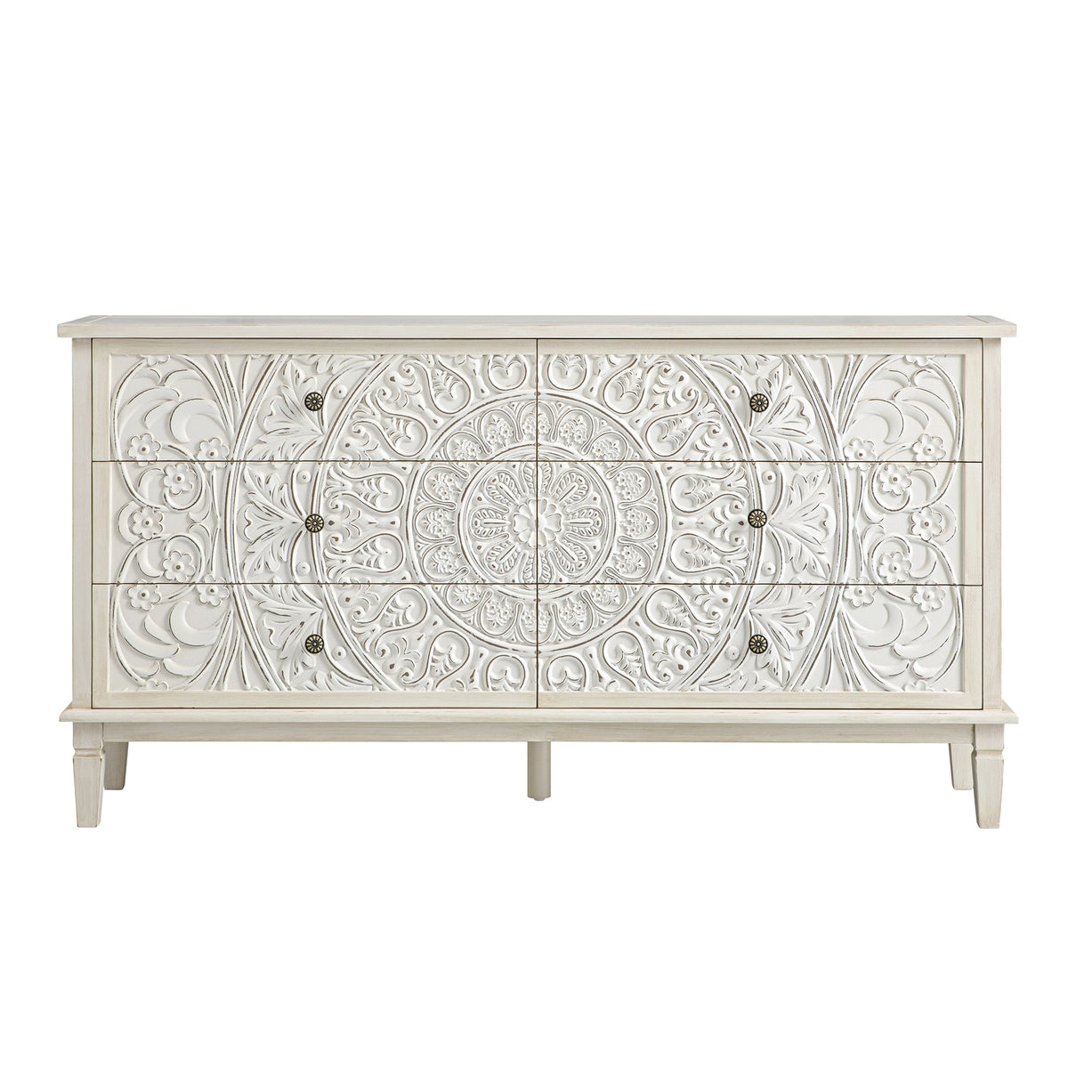 Chantilly Whitewashed Carved Wide 6 Drawer Chest