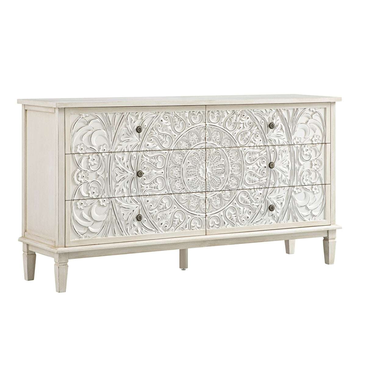 Chantilly Whitewashed Carved Wide 6 Drawer Chest