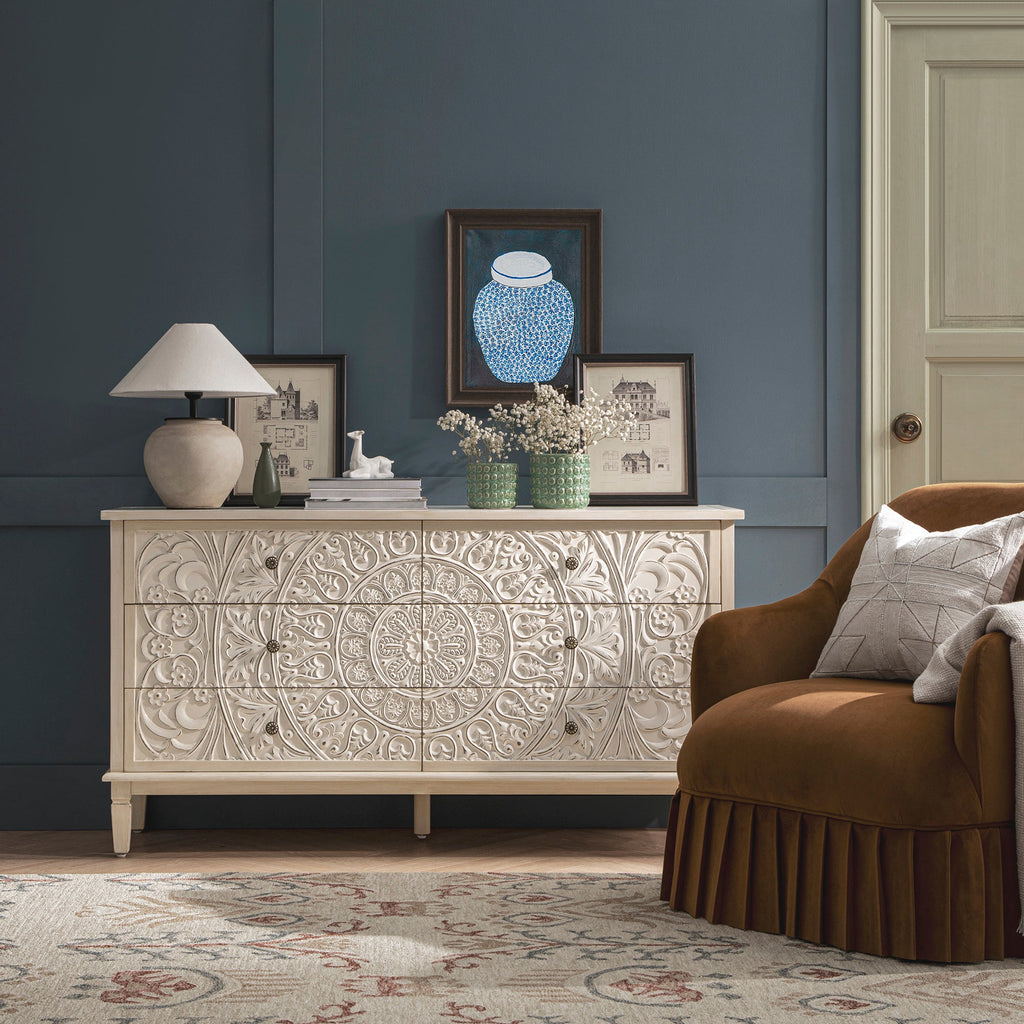Chantilly Whitewashed Carved Wide 6 Drawer Chest