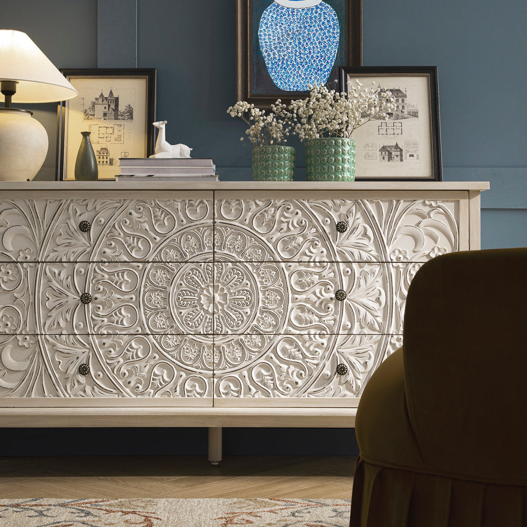Chantilly Whitewashed Carved Wide 6 Drawer Chest
