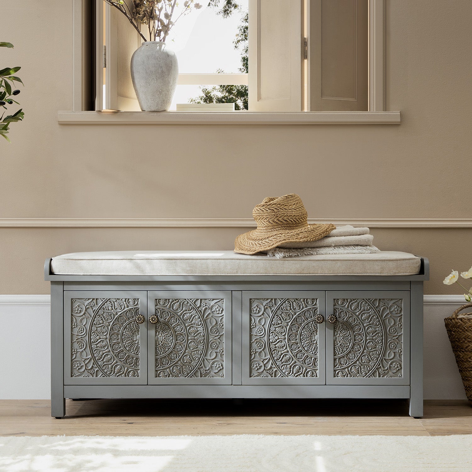 Chantilly Mid Grey Carved Storage Bench
