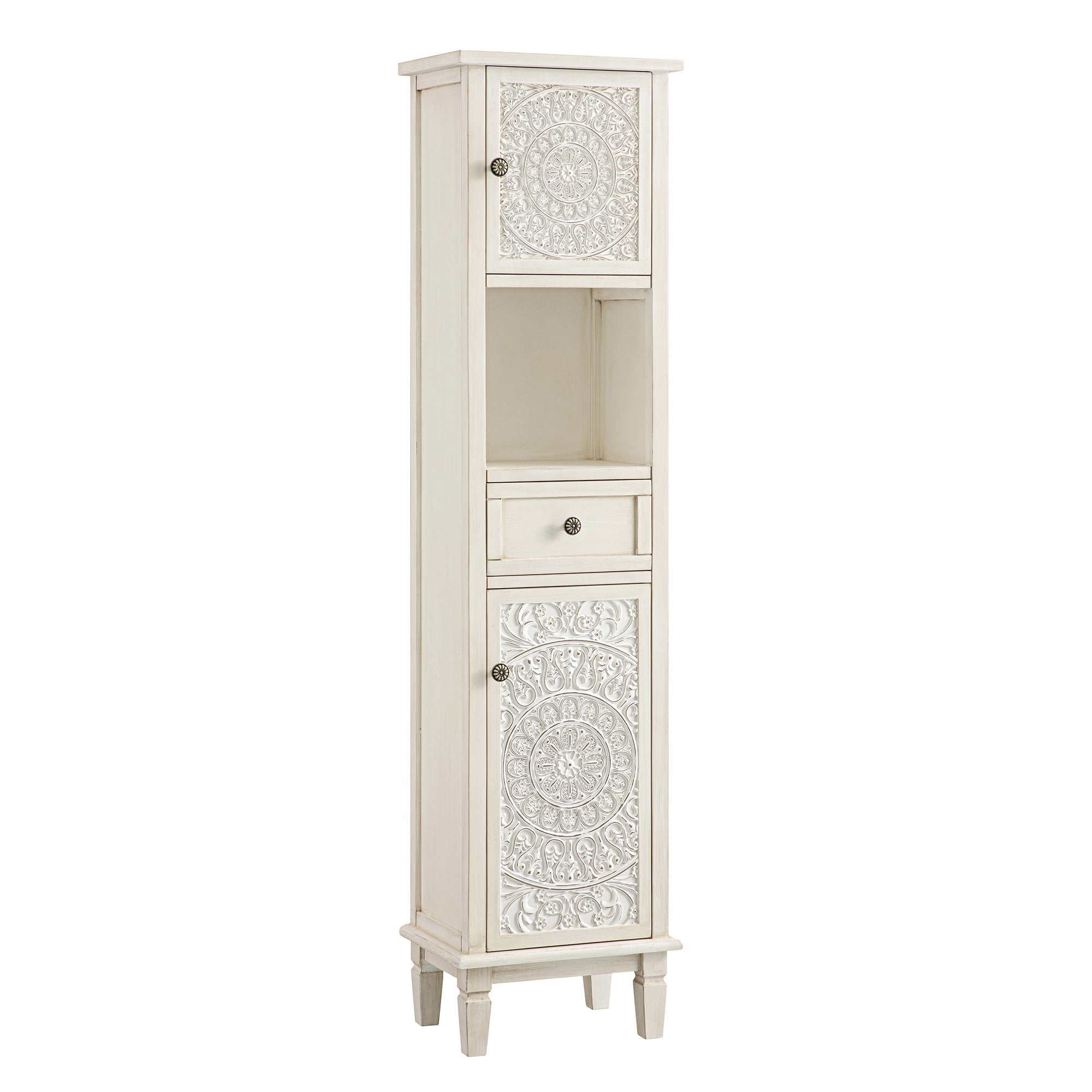 Chantilly Whitewashed Carved Bathroom Tallboy Cabinet