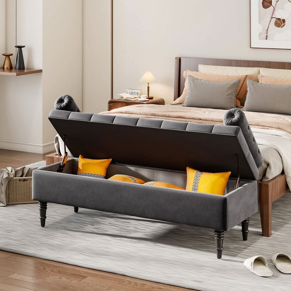 Grey Velvet Storage Bench with Tufted Top, Dual Pillows