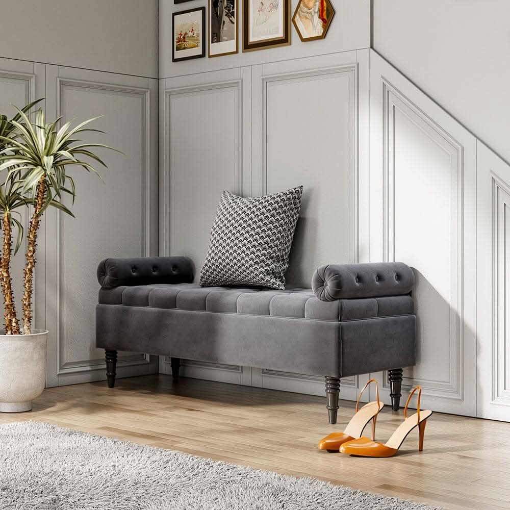 Grey Velvet Storage Bench with Tufted Top, Dual Pillows