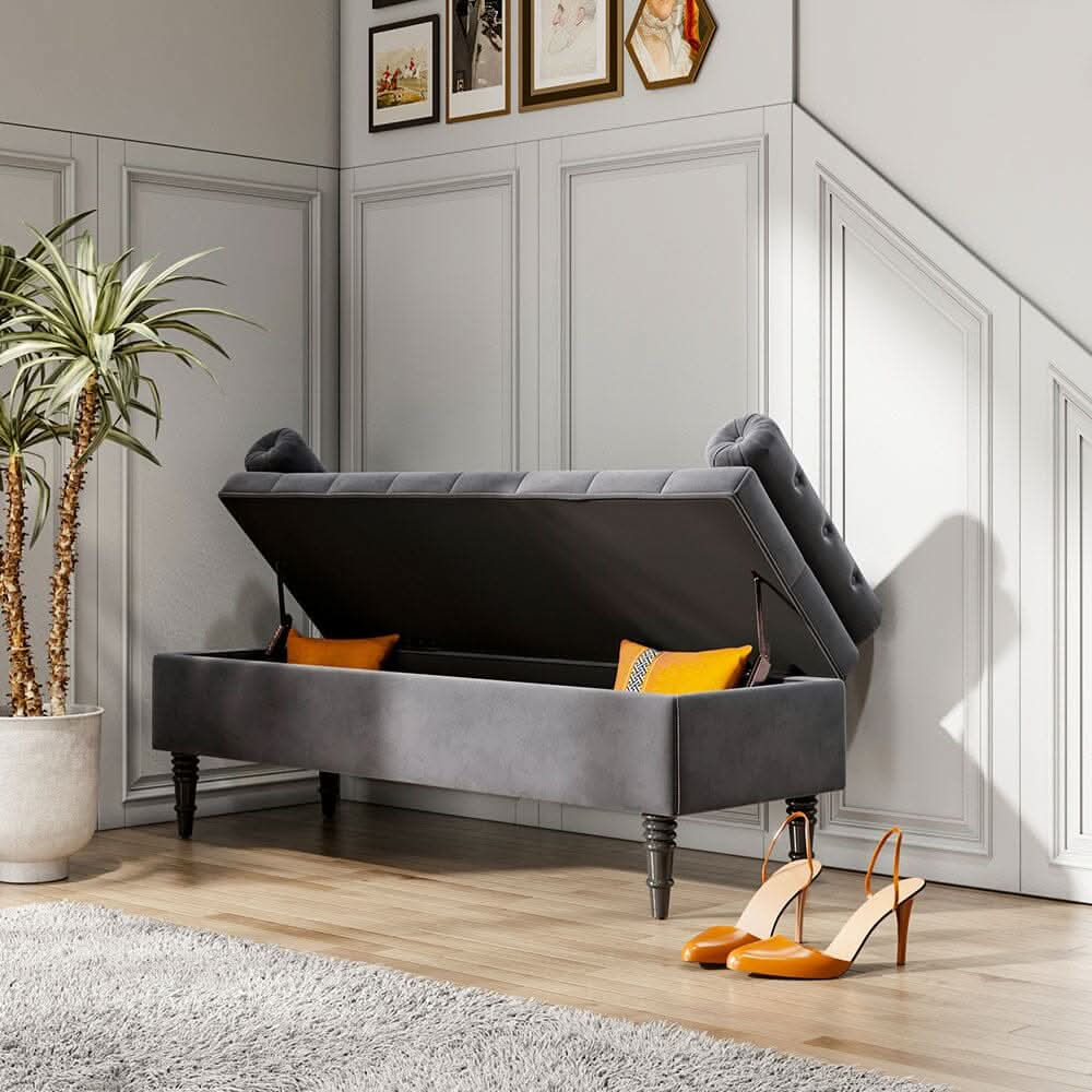 Grey Velvet Storage Bench with Tufted Top, Dual Pillows