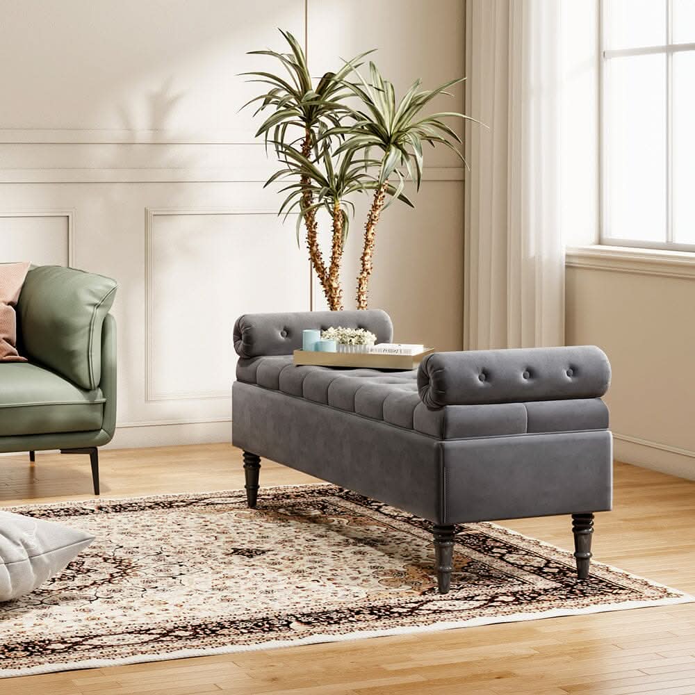 Grey Velvet Storage Bench with Tufted Top, Dual Pillows