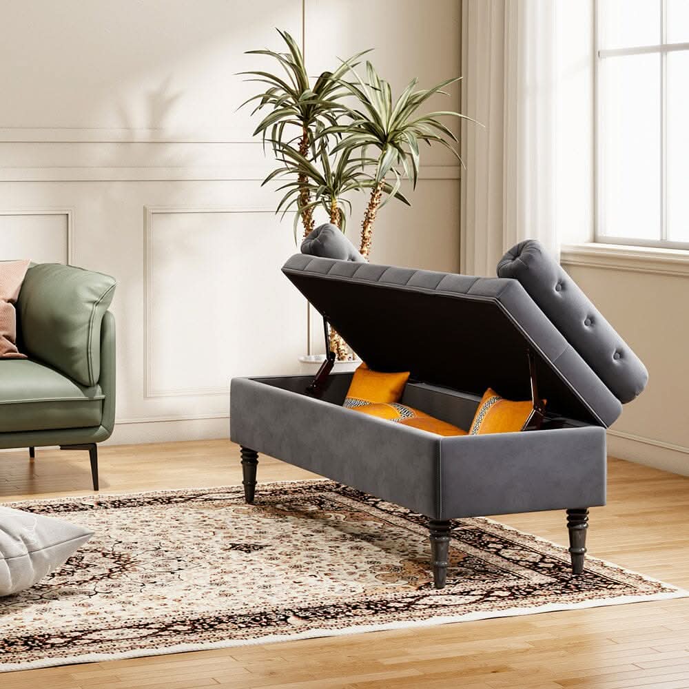 Grey Velvet Storage Bench with Tufted Top, Dual Pillows