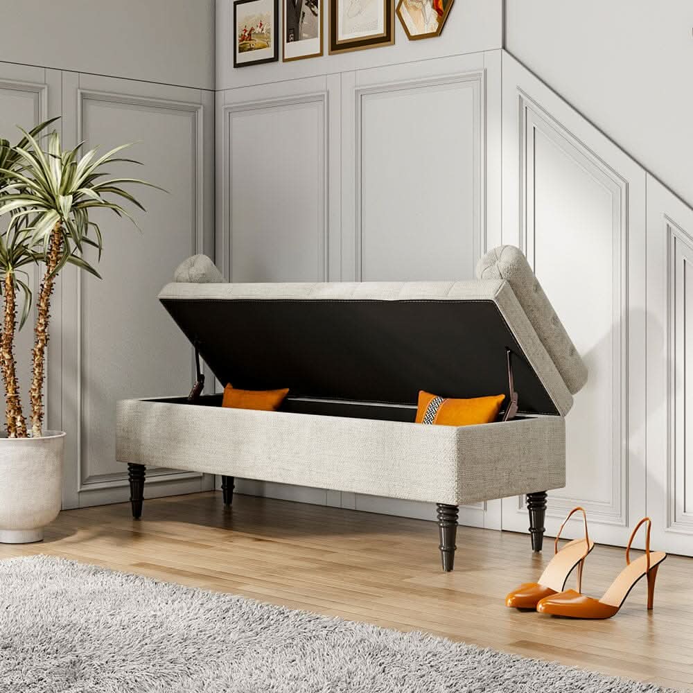 Grey Velvet Storage Bench with Tufted Top, Dual Pillows