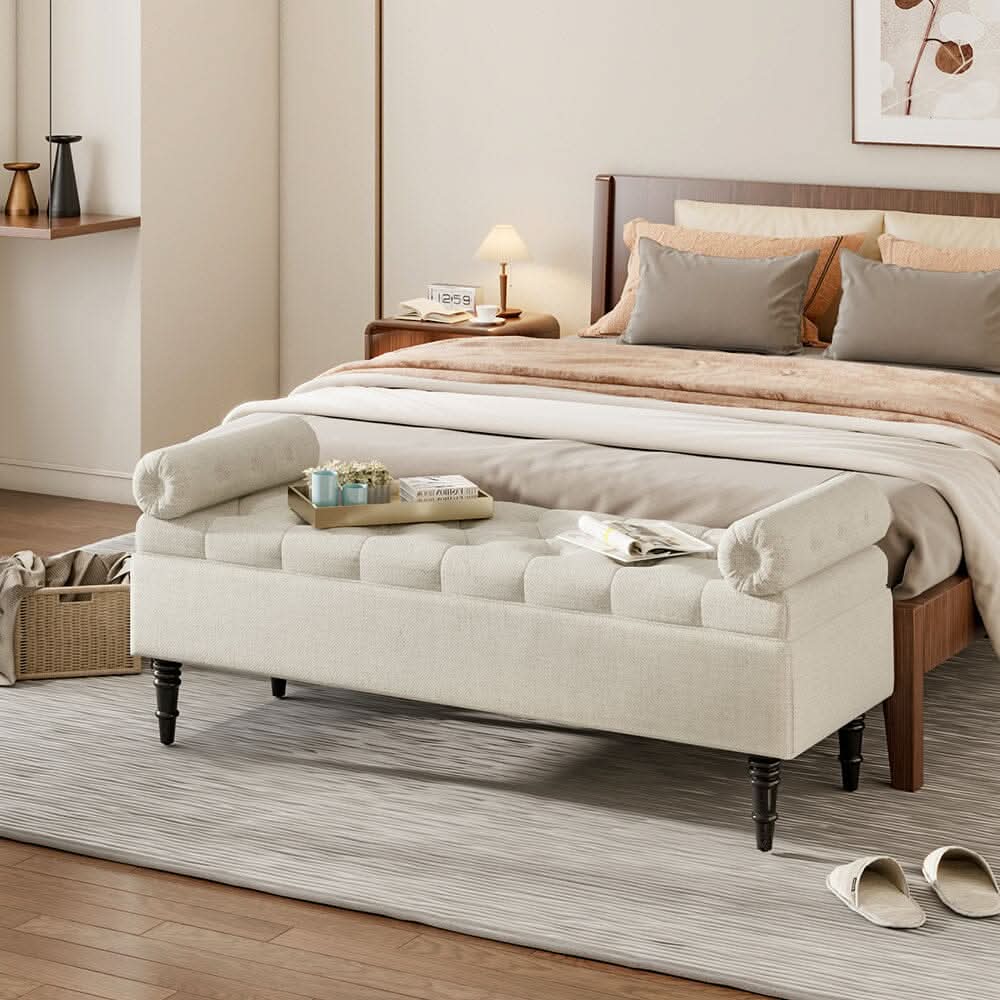 Grey Velvet Storage Bench with Tufted Top, Dual Pillows