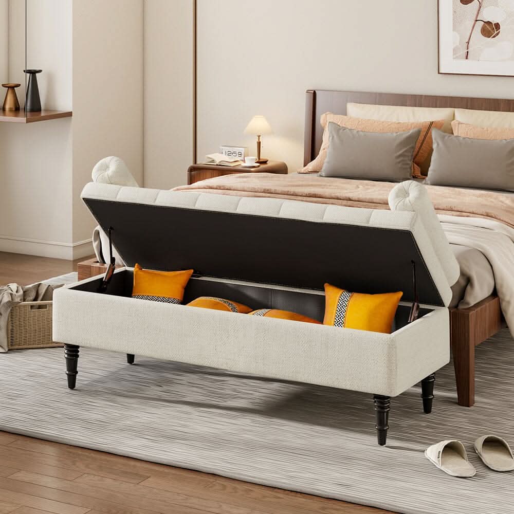 Grey Velvet Storage Bench with Tufted Top, Dual Pillows