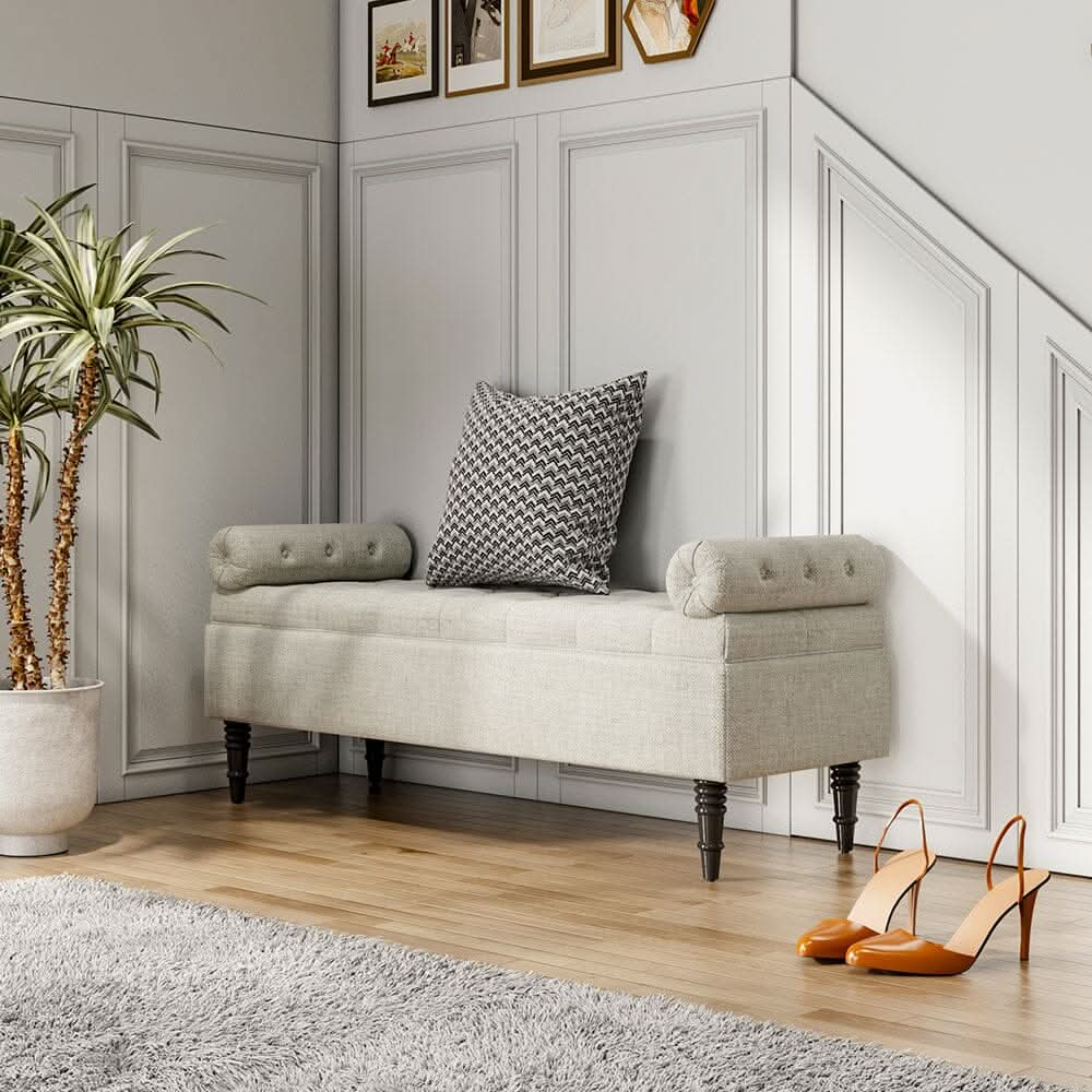 Grey Velvet Storage Bench with Tufted Top, Dual Pillows