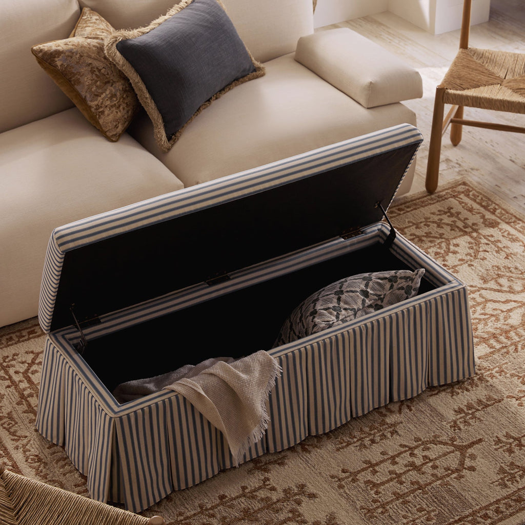 Egerton Box-Pleat Storage Bench, Blue Striped Linen