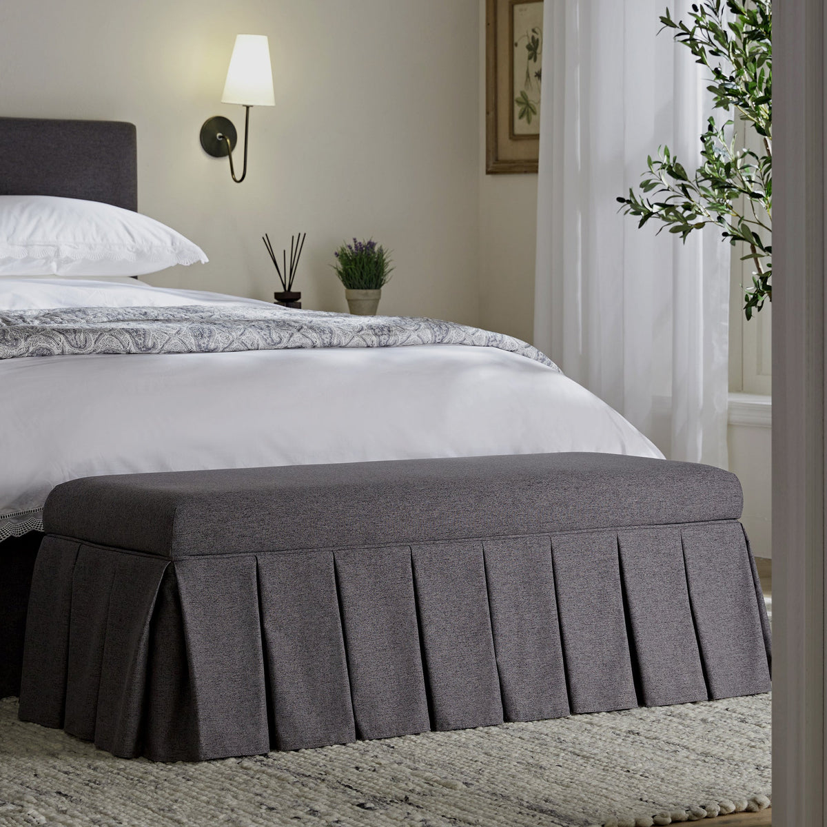 Egerton Box-Pleat Storage Bench, Charcoal Brushed Fabric