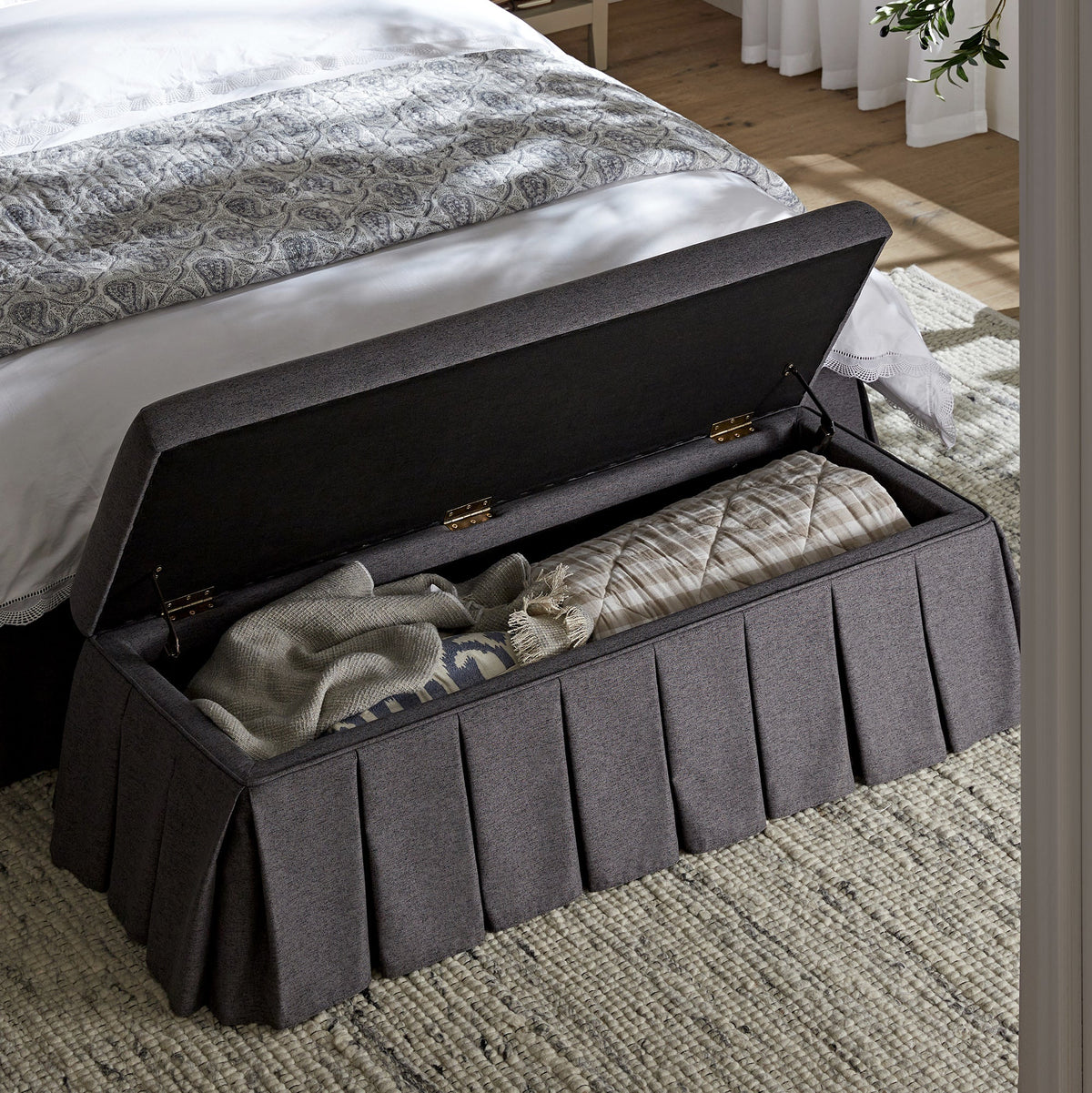 Egerton Box-Pleat Storage Bench, Charcoal Brushed Fabric