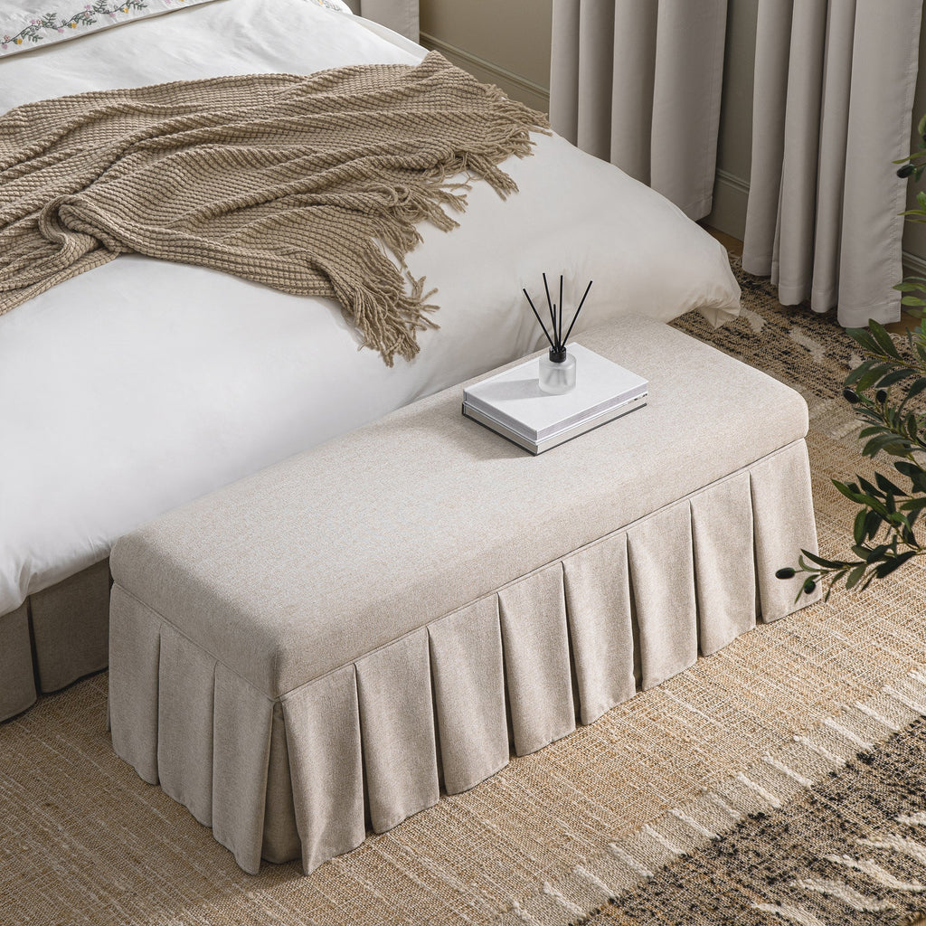 Egerton Box-Pleat Storage Bench, Oatmeal Brushed Fabric
