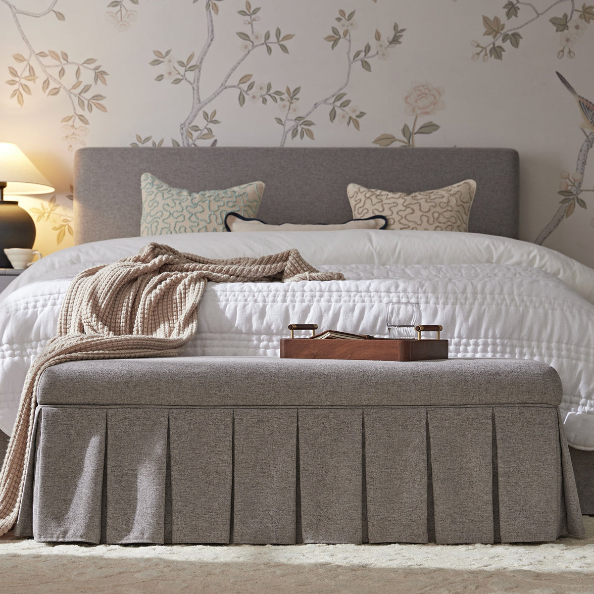 Egerton Box-Pleat Storage Bench, Stone Brushed Fabric