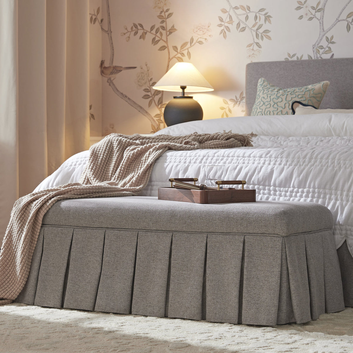 Egerton Box-Pleat Storage Bench, Stone Brushed Fabric