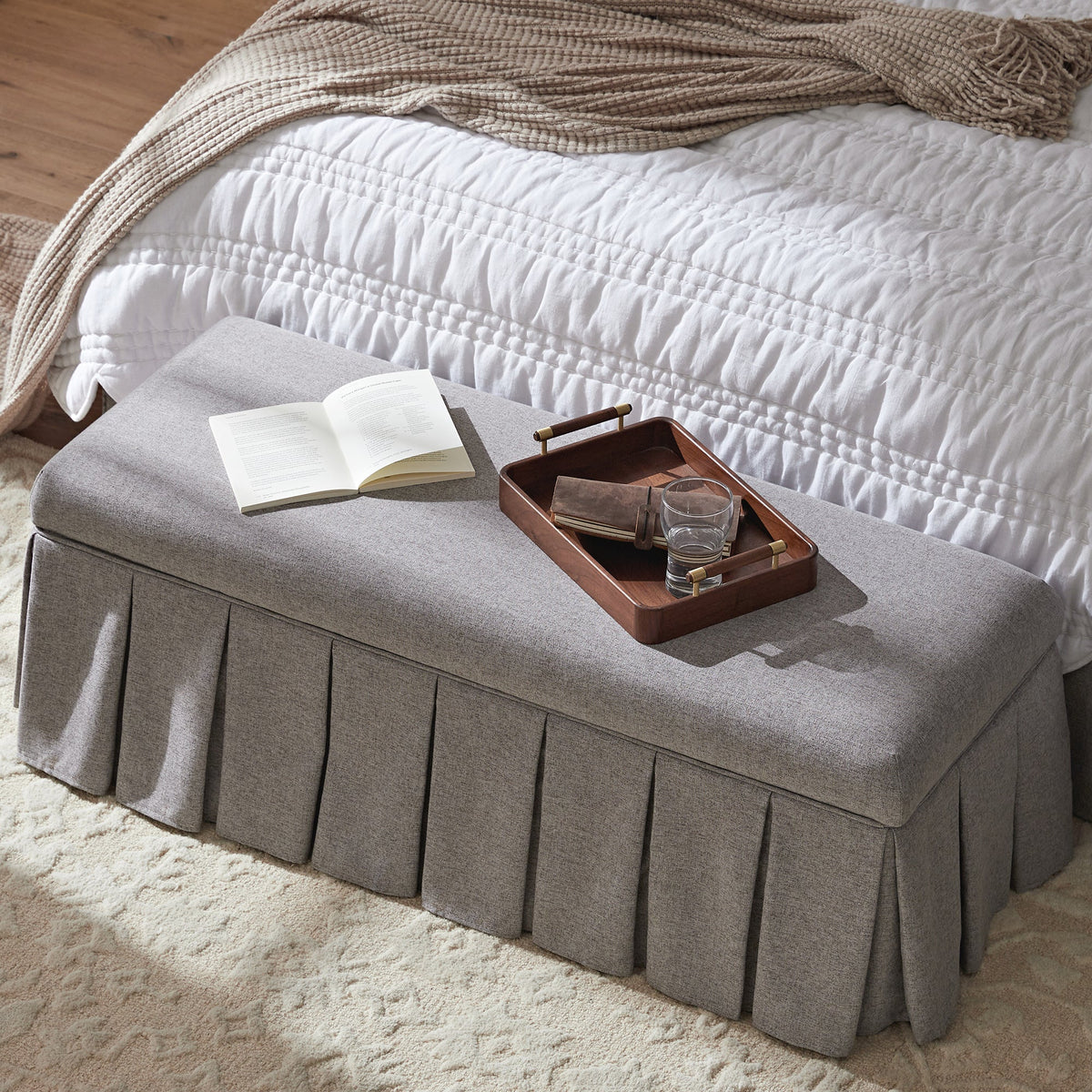 Egerton Box-Pleat Storage Bench, Stone Brushed Fabric