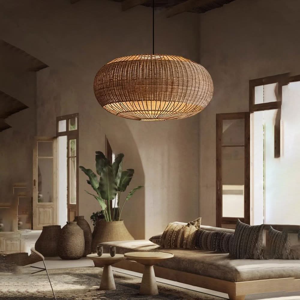 Lightsin Handcrafted Rattan Pendant Light in Flat Round Basket Shape