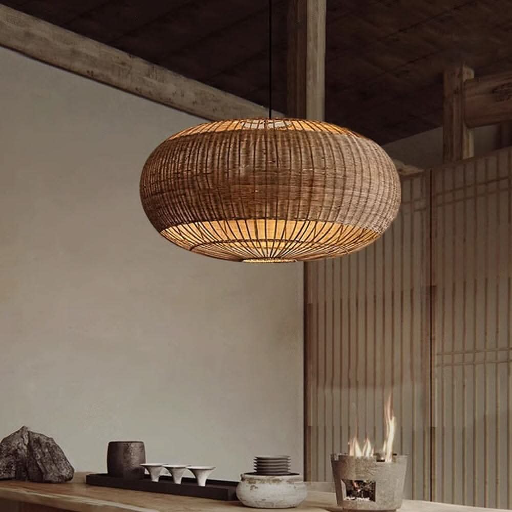 Lightsin Handcrafted Rattan Pendant Light in Flat Round Basket Shape