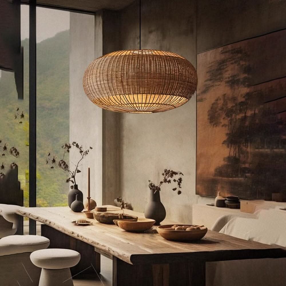 Lightsin Handcrafted Rattan Pendant Light in Flat Round Basket Shape