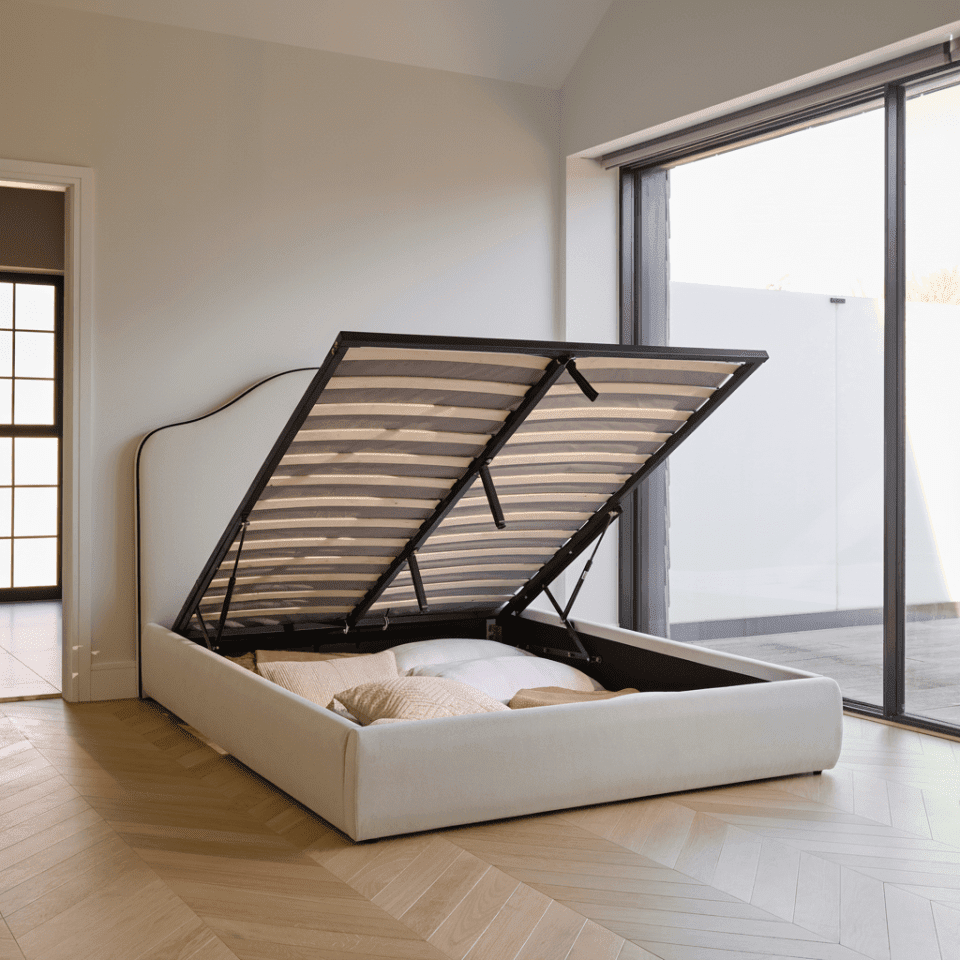 Odette Double Ottoman Bed - Ivory - Jet Black Piping