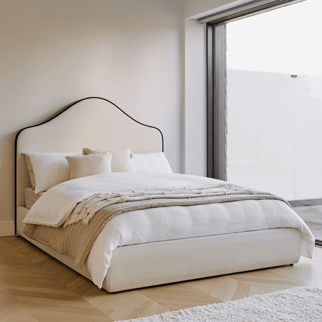 Odette King Size Ottoman Bed - Ivory - Jet Black Piping