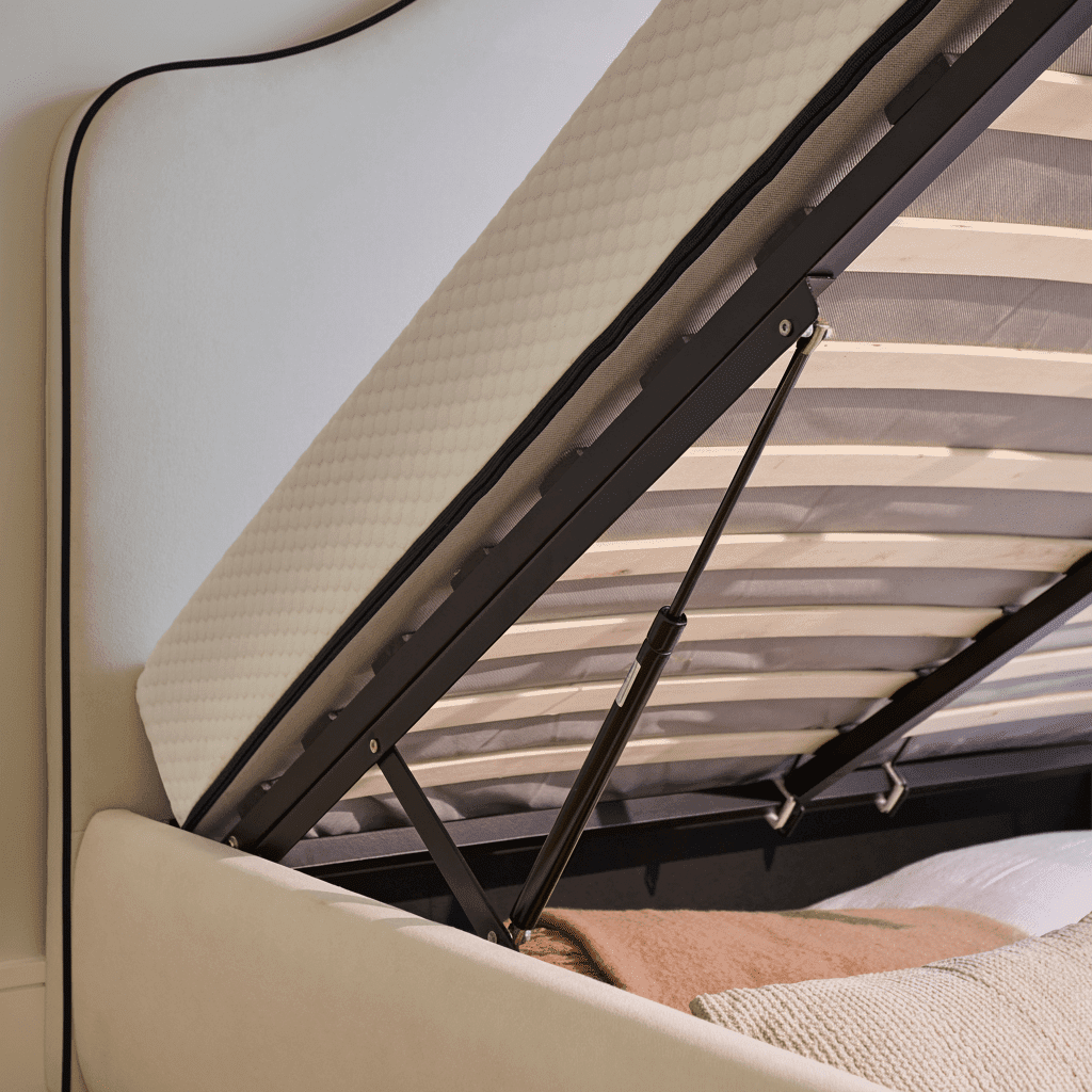 Odette Double Ottoman Bed - Ivory - Jet Black Piping