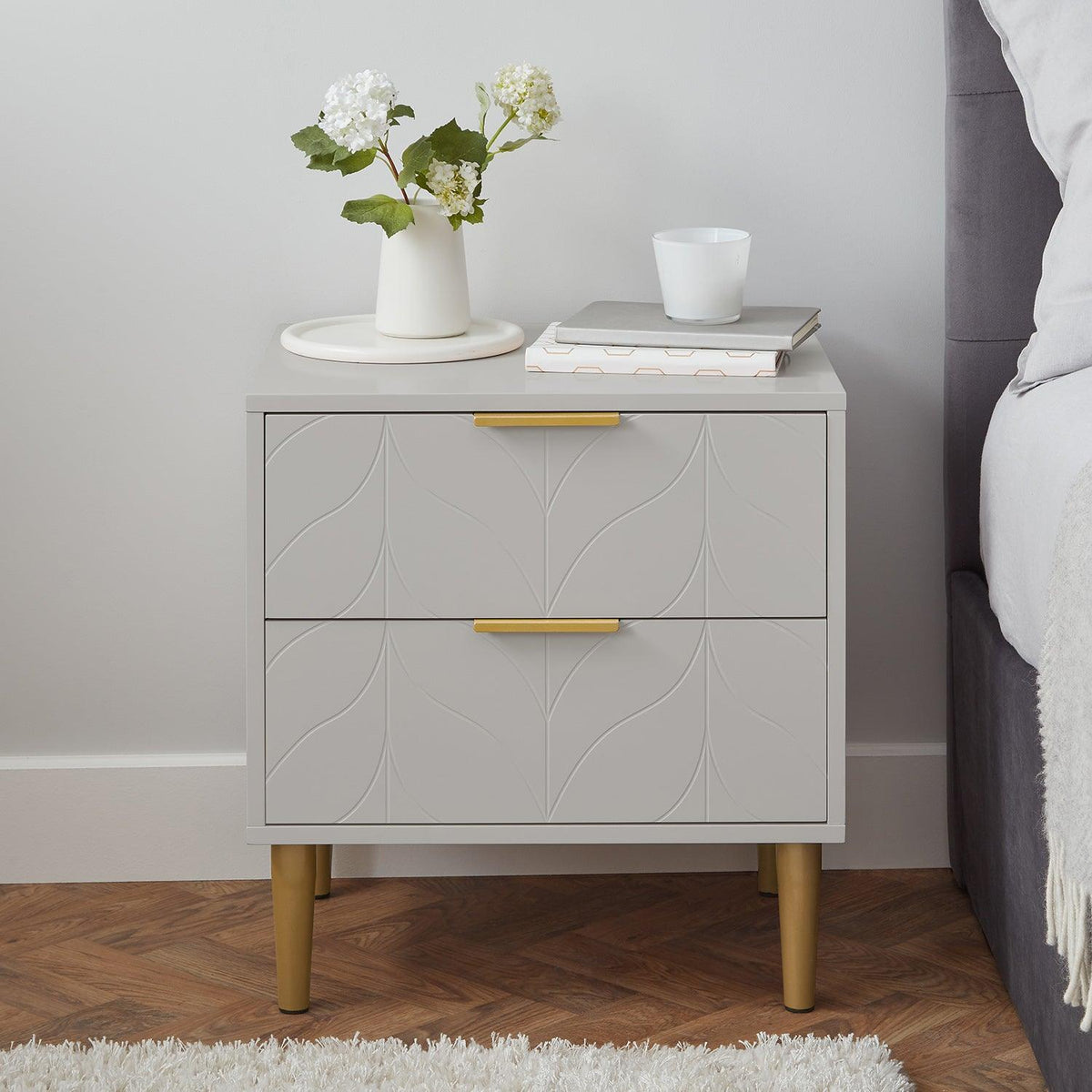 Gloria Bedside Tables - Set of 2 - Grey & Brass Effect