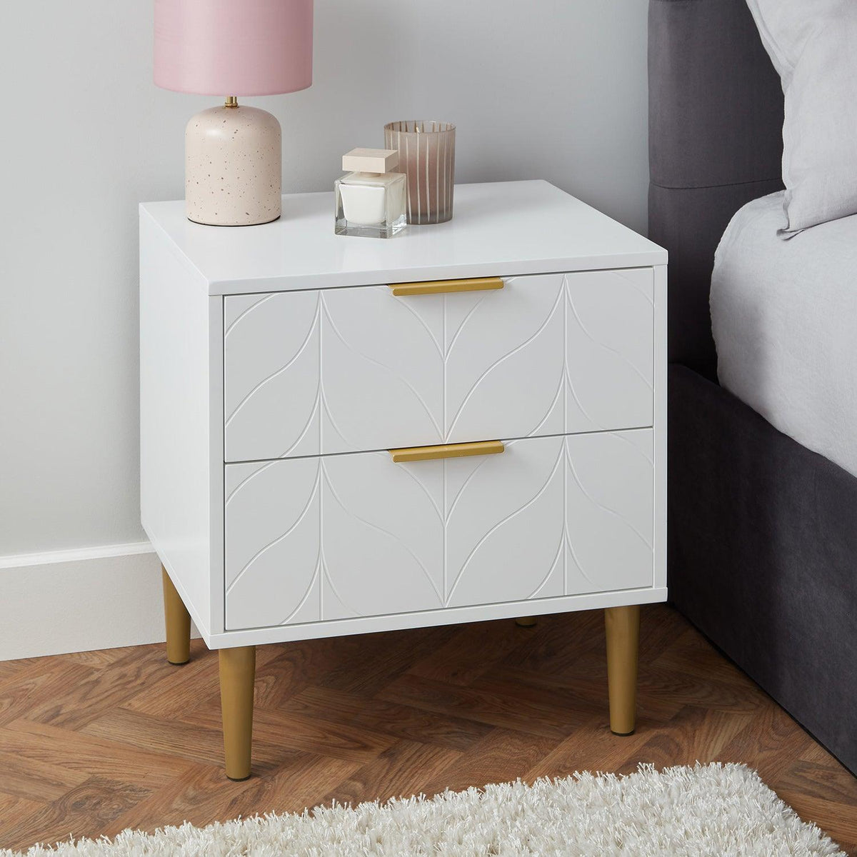 Gloria Bedside Tables - Set of 2 - White & Brass Effect