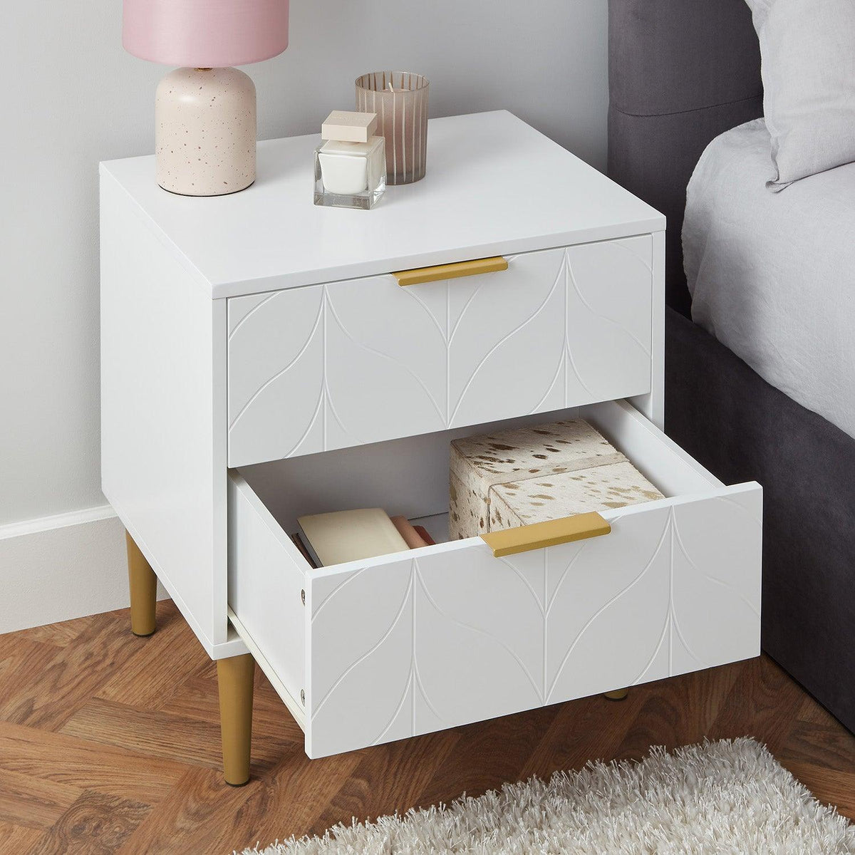 Gloria Bedside Tables - Set of 2 - White & Brass Effect
