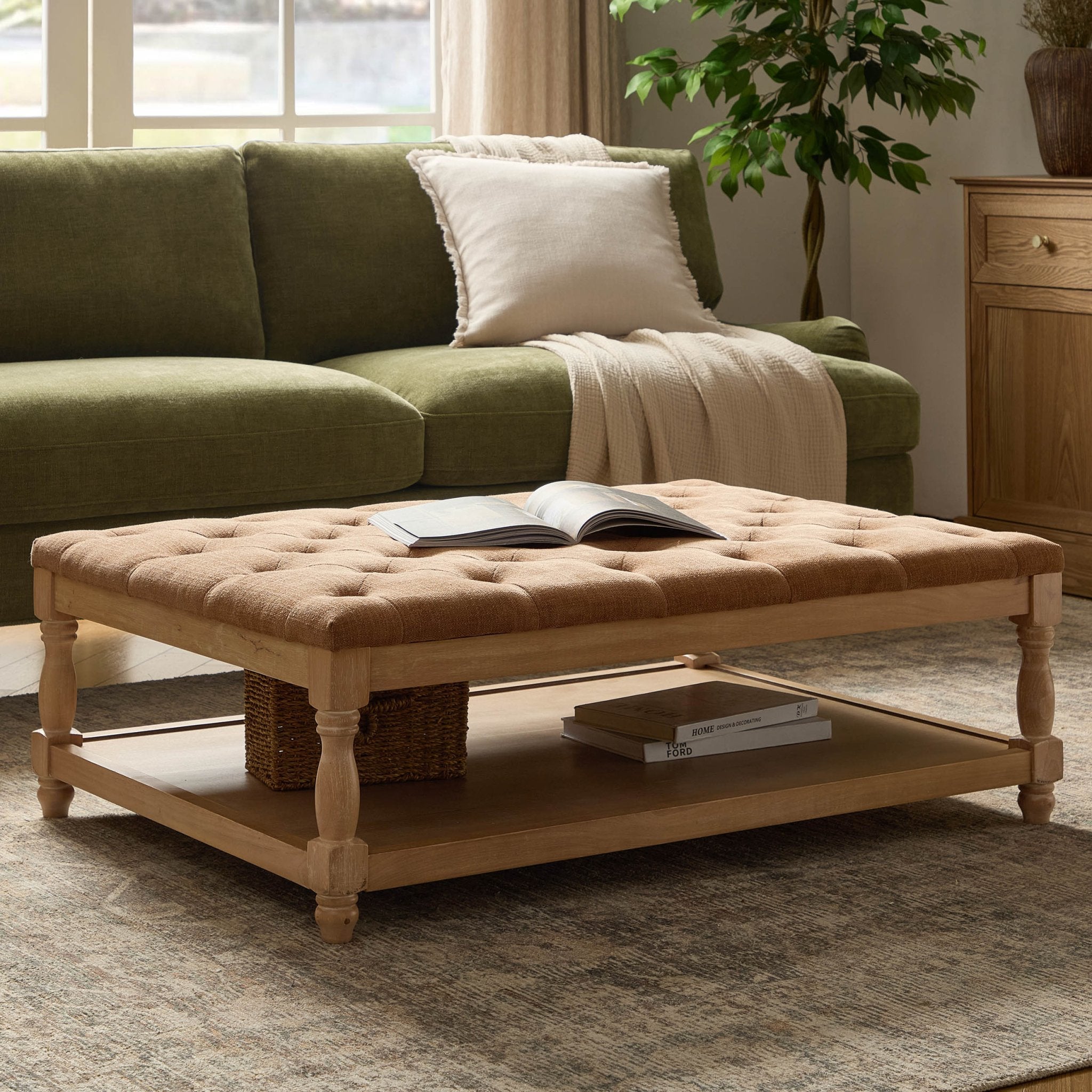 Knaresborough Button Back Coffee Table Pouffe - Chenille Caramel