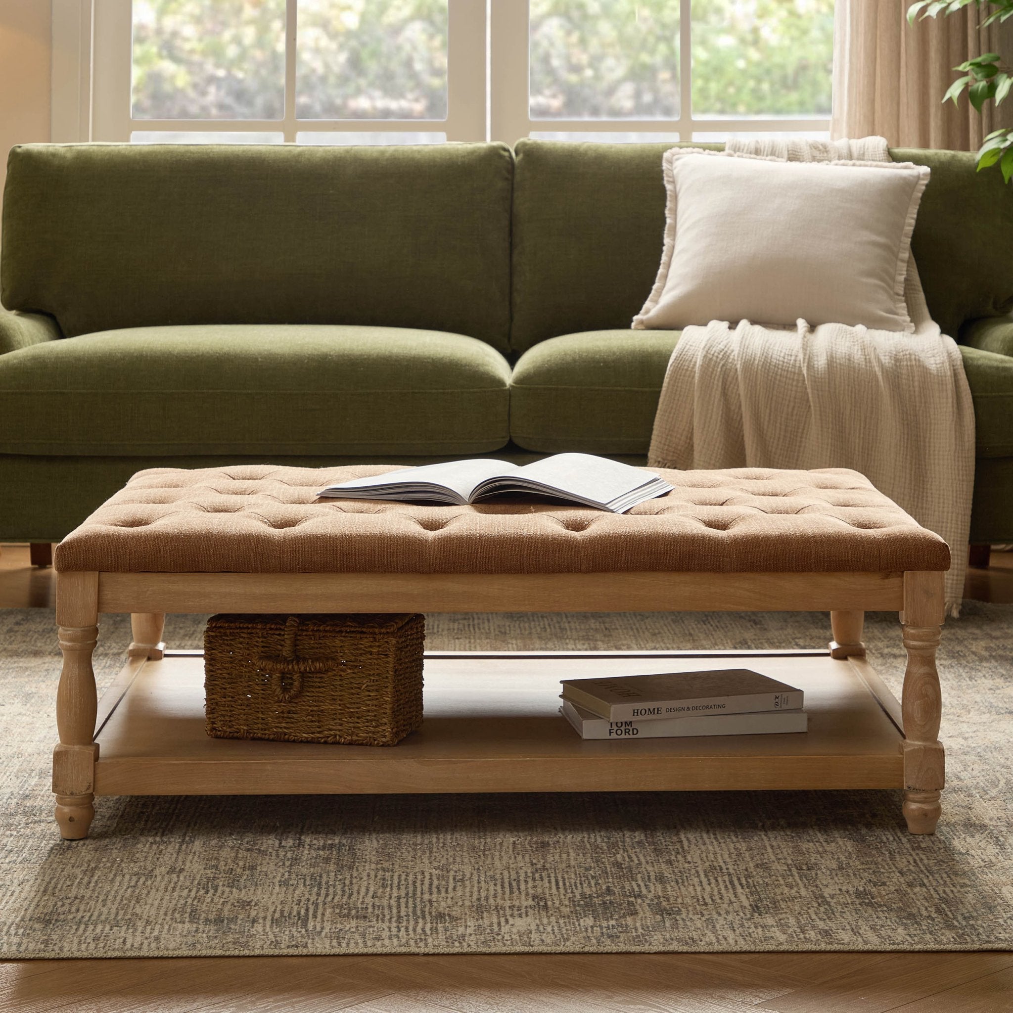 Knaresborough Button Back Coffee Table Pouffe - Chenille Caramel