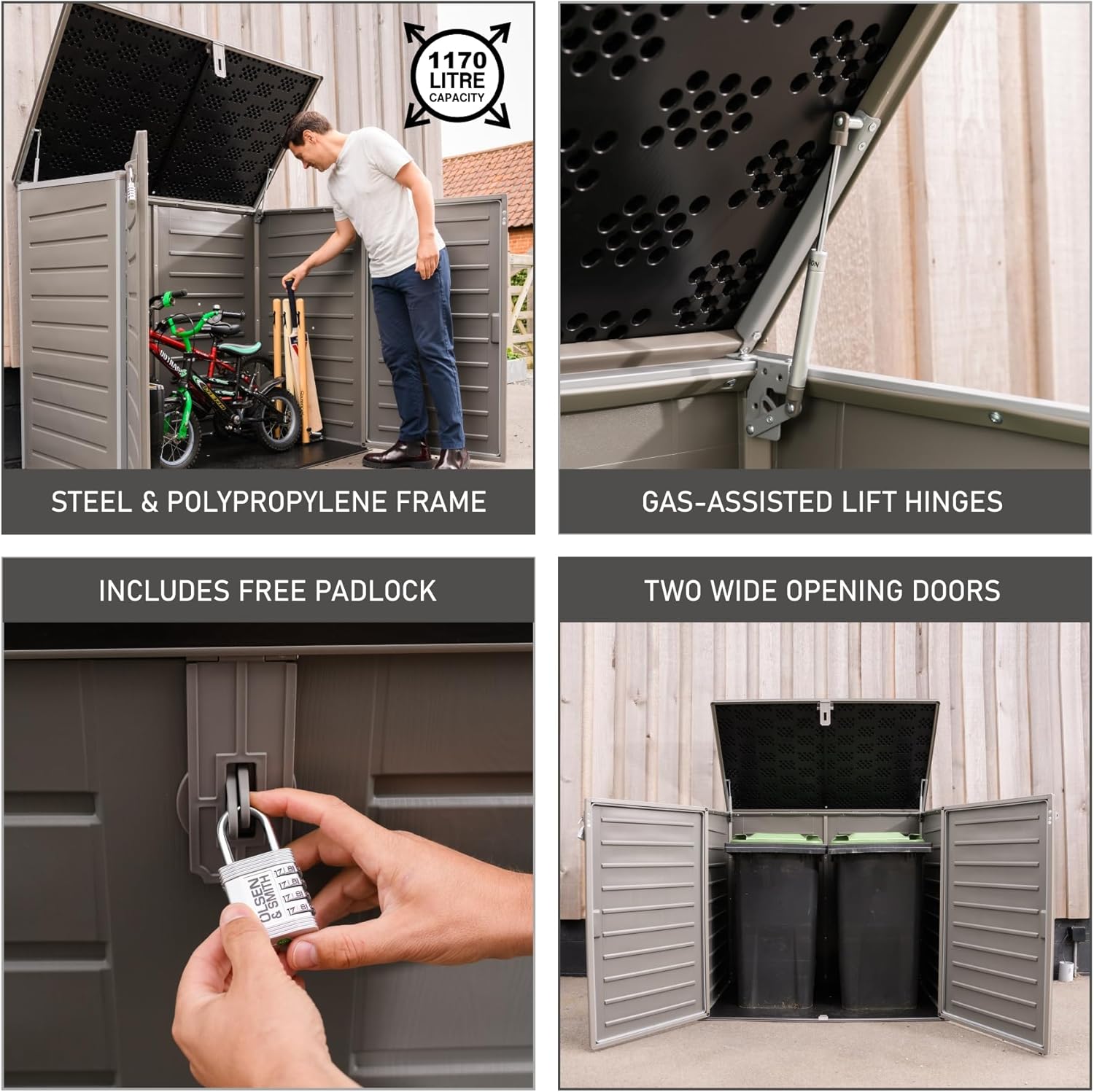 MASSIVE Capacity 1170 Outdoor Garden Storage Box Plastic Shed Garbage - Weatherproof with Wood Effect (1170 Litre)