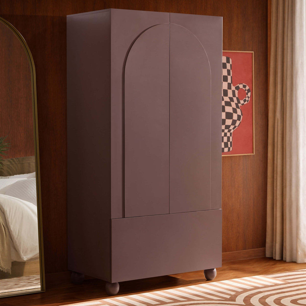 Rachel Arch Front 2 Door Wardrobe with Drawer - Mocha