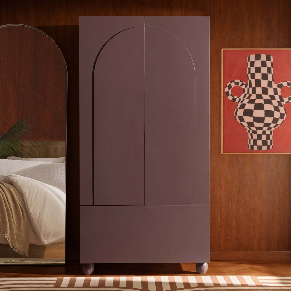 Rachel Arch Front 2 Door Wardrobe with Drawer - Mocha