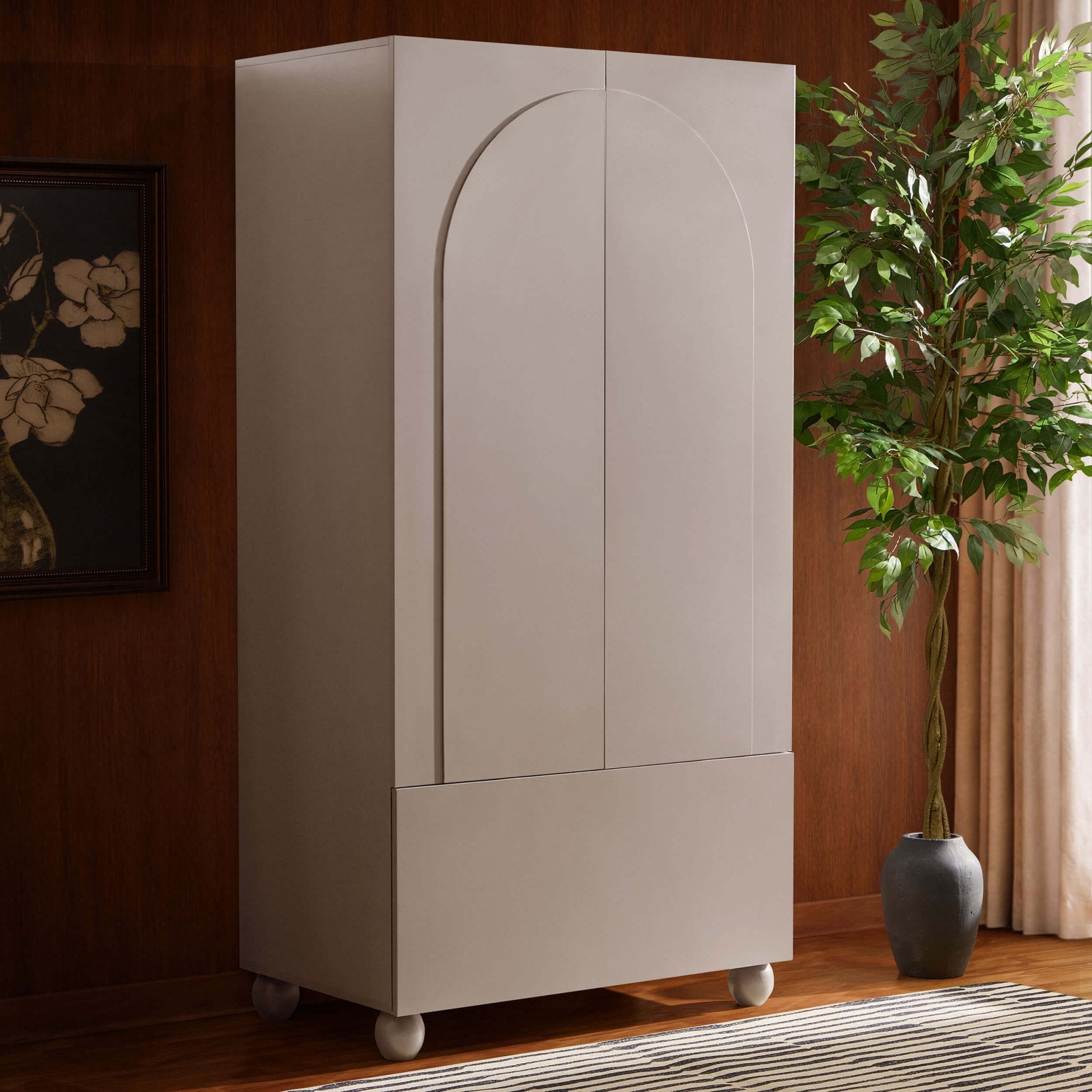 Rachel Arch Front 2 Door Wardrobe with Drawer - Taupe