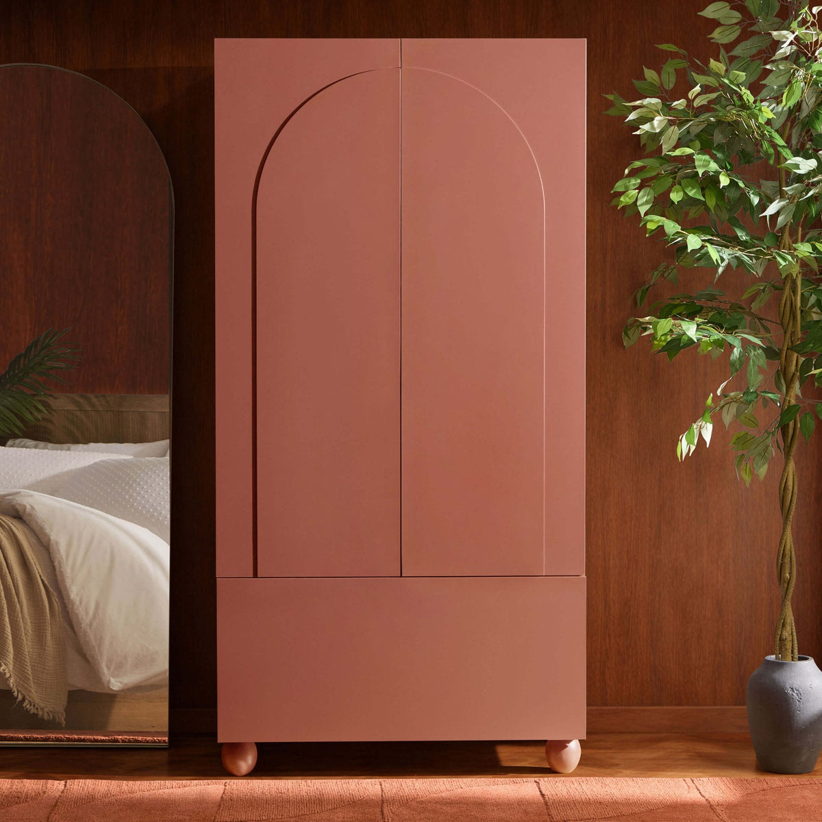 Rachel Arch Front 2 Door Wardrobe with Drawer - Terracotta